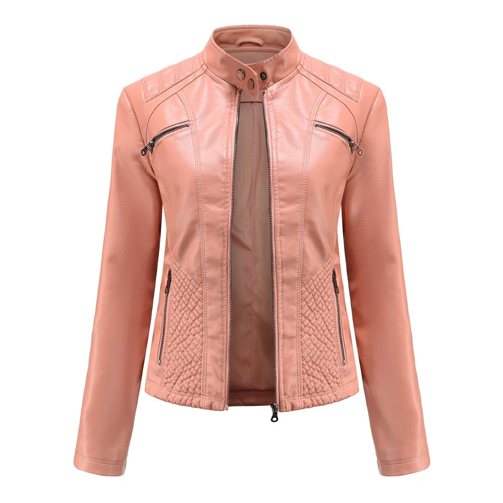 Spring New Casual Women Leather Jacket Stand Collar Slim Fit Short PU Leather Coat Solid Classic Female Outerwear