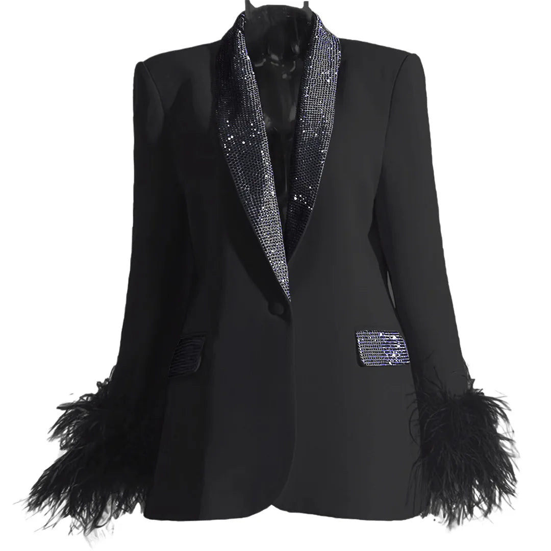 Women's Fashion Sparkle Diamond Blazers Coat Female Streetwear Trend Long Sleeve Casual Spliced Feather Chic Suit Coats
