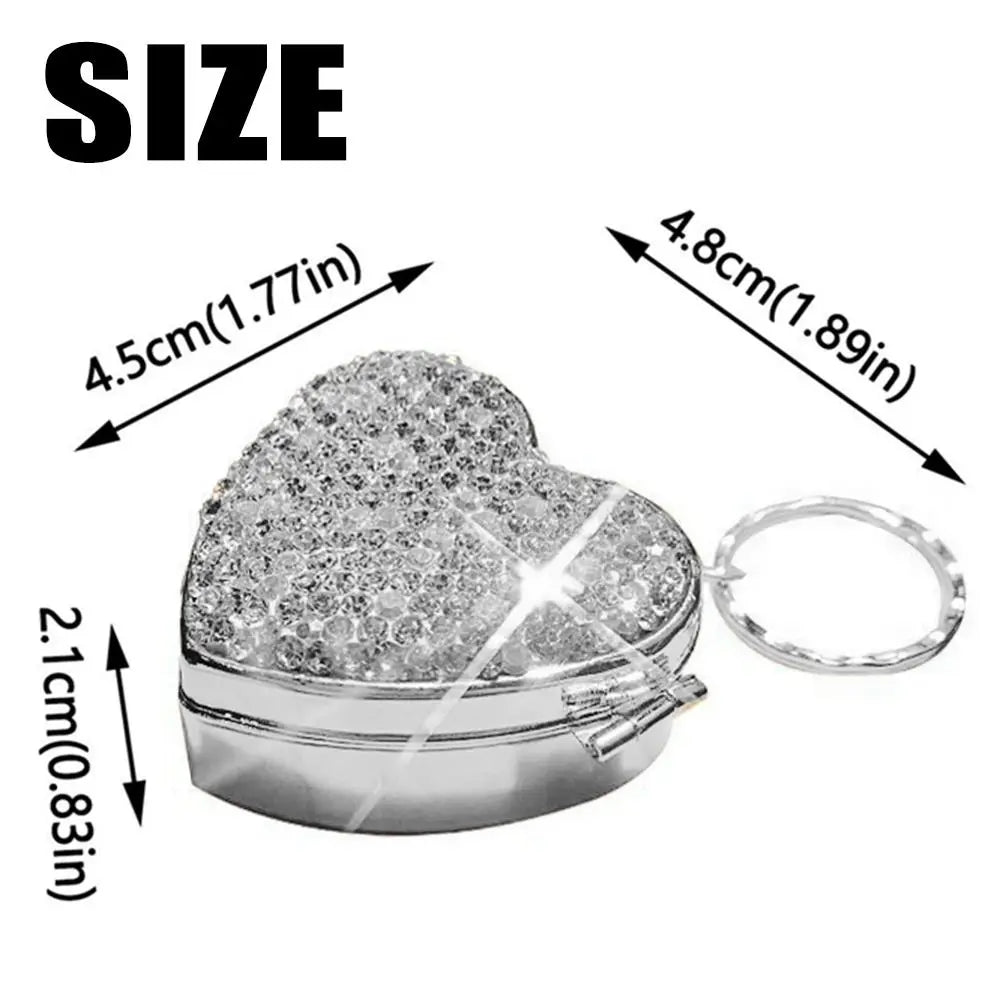 Shiny Rhinestone Mini Metal Pill Box Portable Blingbling Travel Pill Organizer Heart Shape Moisture-proof Medicine Storage Box