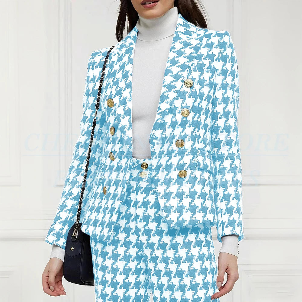 Luxury Double Breasted Women Suits Blazer Peak Lapel Houndstooth Outerwear Elegant Female 2 Piece Jacket Pants Sets Clothing