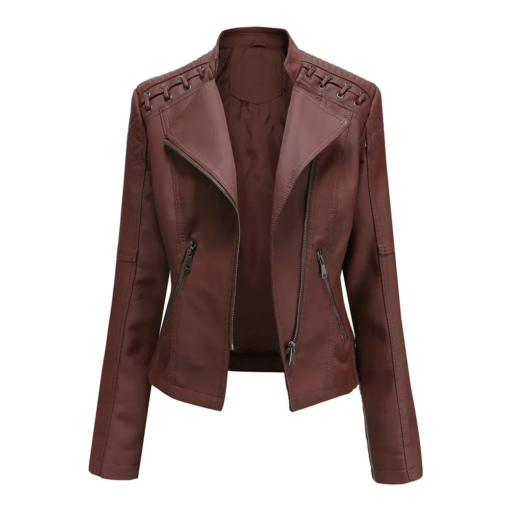 Spring Autumn Short Section Long Sleeve Zipper Jacket Slim Faux Leather Jacket Casual Solid Color Fashion Jacket Loose Outwear