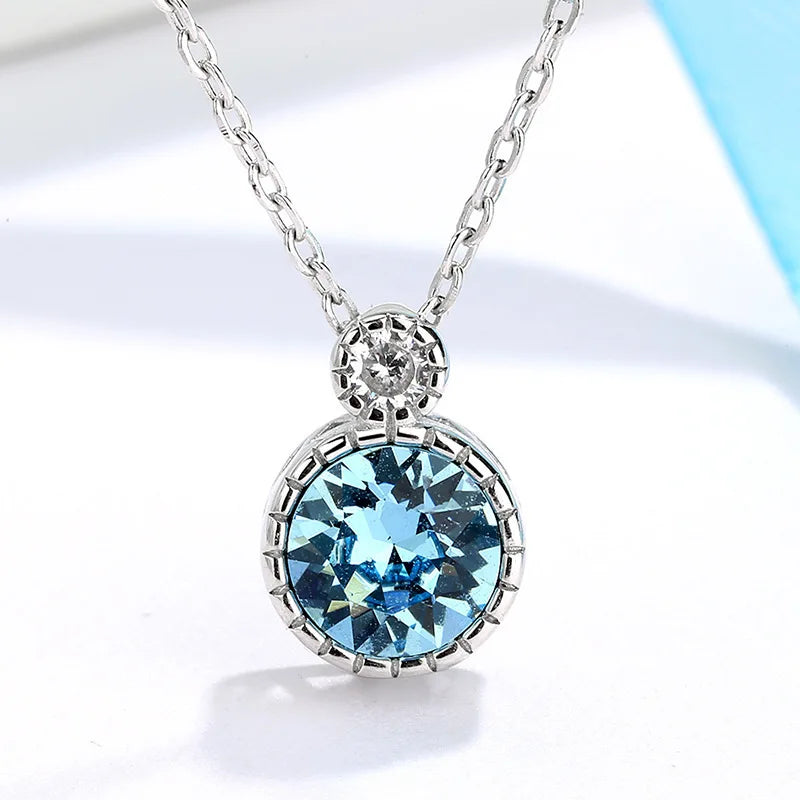 New 925 Sterling Silver Blue Round Necklace Simple Charm Geometric Shape Choker Birthday Gift Women's Fine Jewelry
