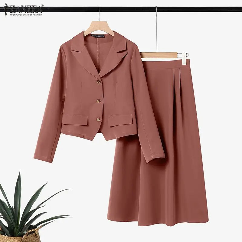ZANZEA Elegant Women 2 Piece Skirt Suits Peak Lapel Long Sleeve Short Blazer and A-Line Midi Skirt 2pcs Sets 2026 Spring Outfits