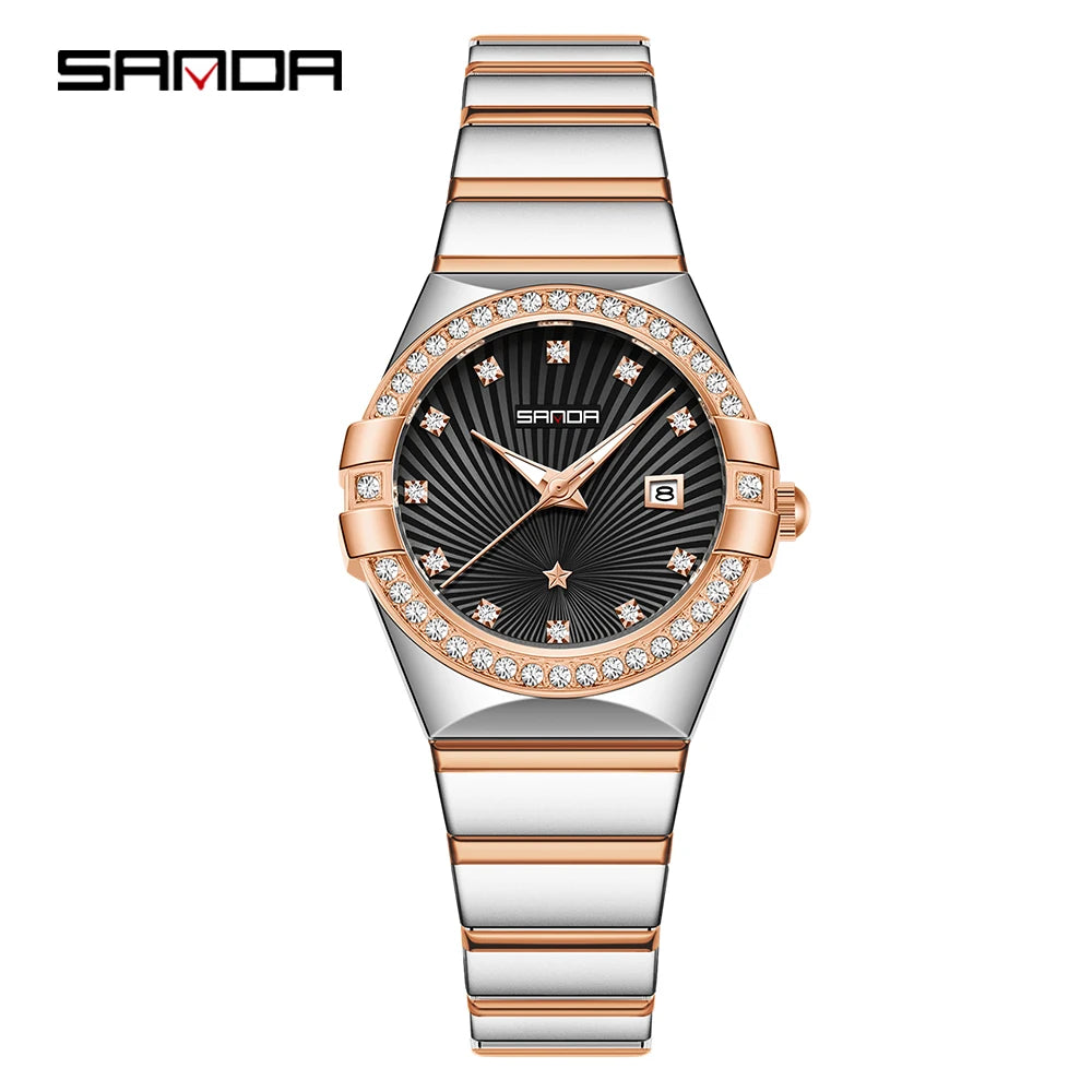 SANDA1147 Luxury Women's Quartz Watch with Mother of Bell Dial and Diamond studded Steel Strip 3ATM Waterproof Fashion Watch -1