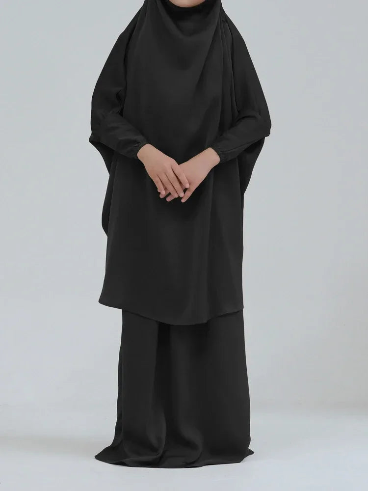 Eid Muslim Long Khimar Dress Kids Girls Abaya Long Khimar Set Prayer Garment Ramadan Dresses 2 Piece Jubha Robe Caftan Jilbab