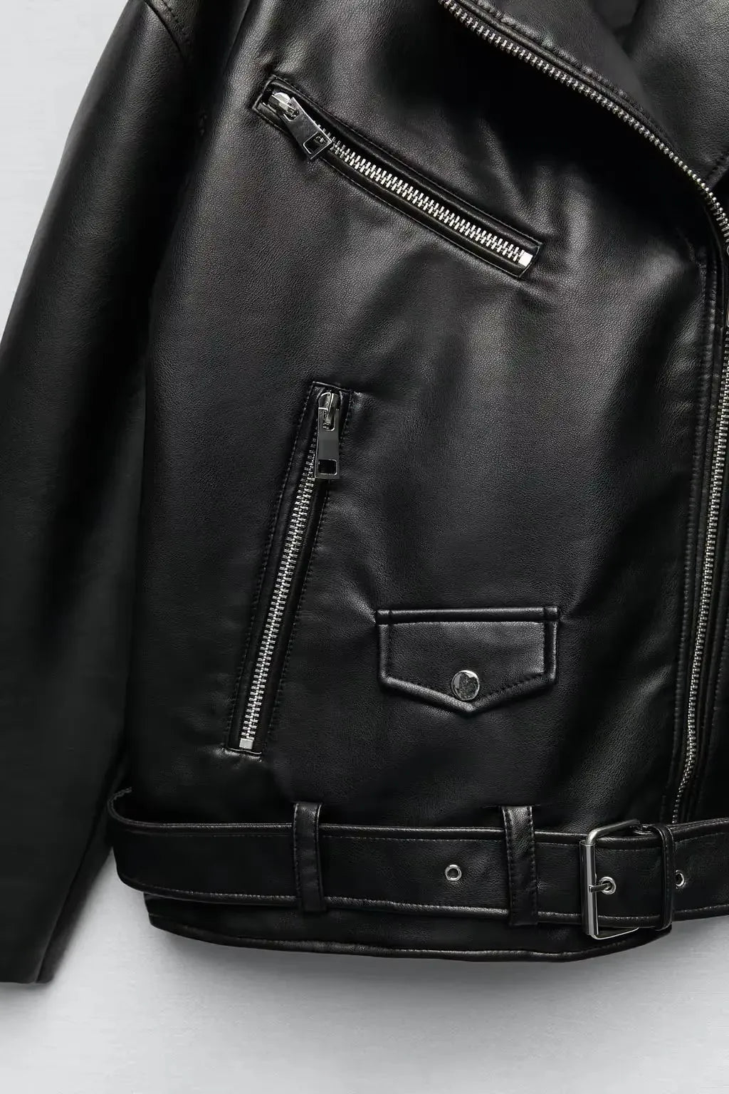 BBWM Pu Faux Leather Jacket with Belt Spring Autumn Female Zipper Coat Outwear Women's Loose Motorcycle Biker Black