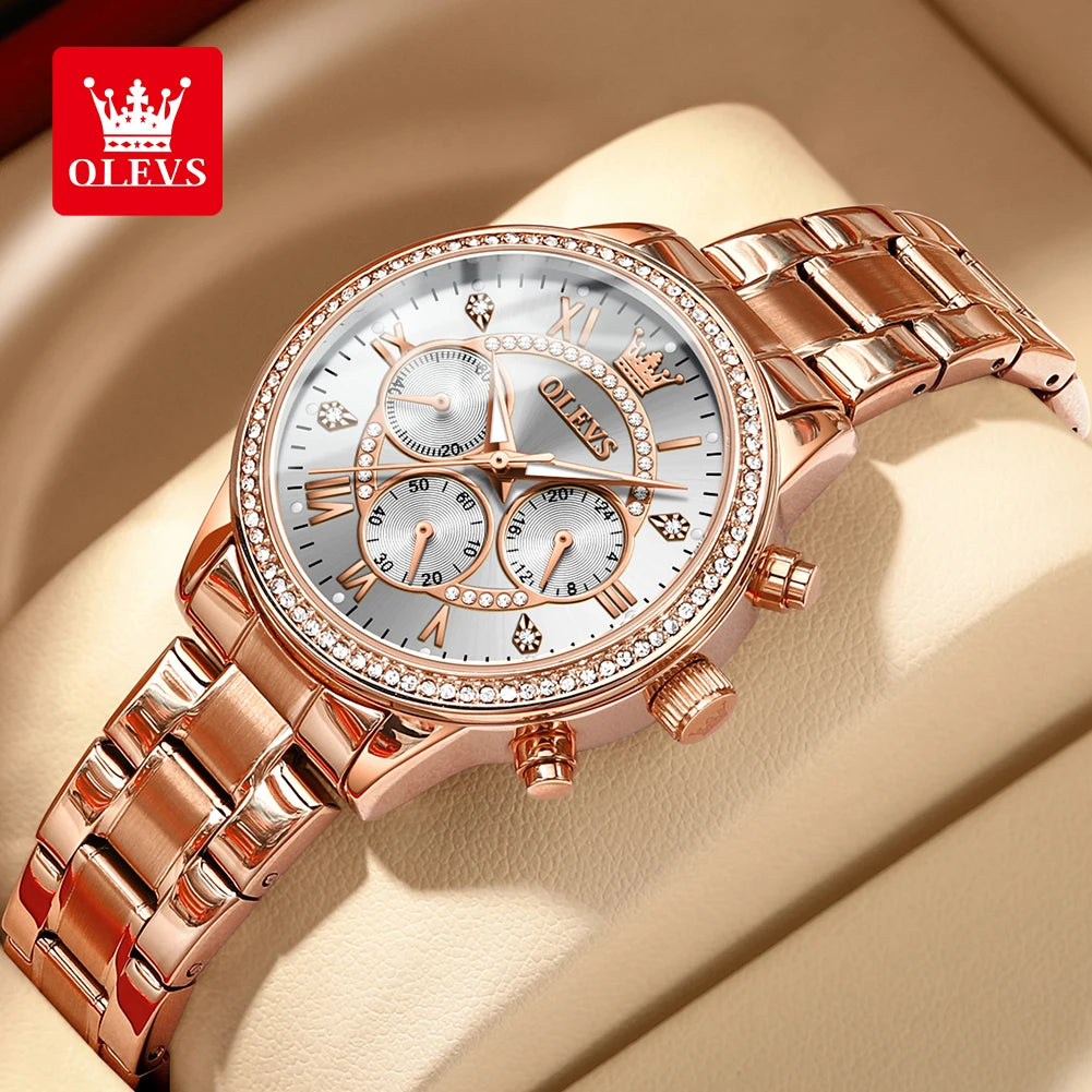 OLEVS Women's Watches Top Brand Luxury Original Quartz Watch for Ladies Chronograph Waterproof Luminous Rhinestone Dial 24 Hour