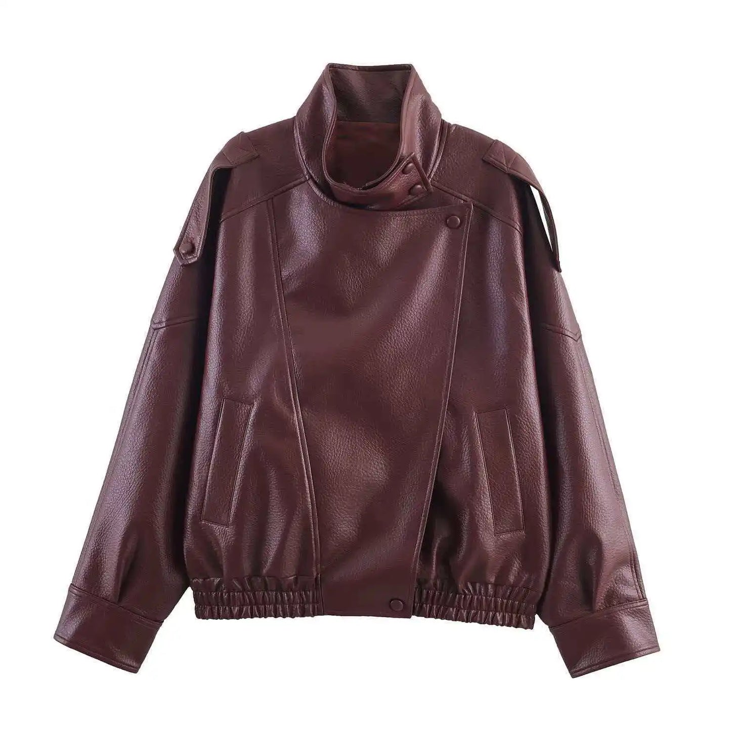 Fashion Stand Collar Leather Jacket Women Solid Long Sleeve Lapel Zipper Loose Bomber Coat 2026 Lady Spring Autumn Outerwear