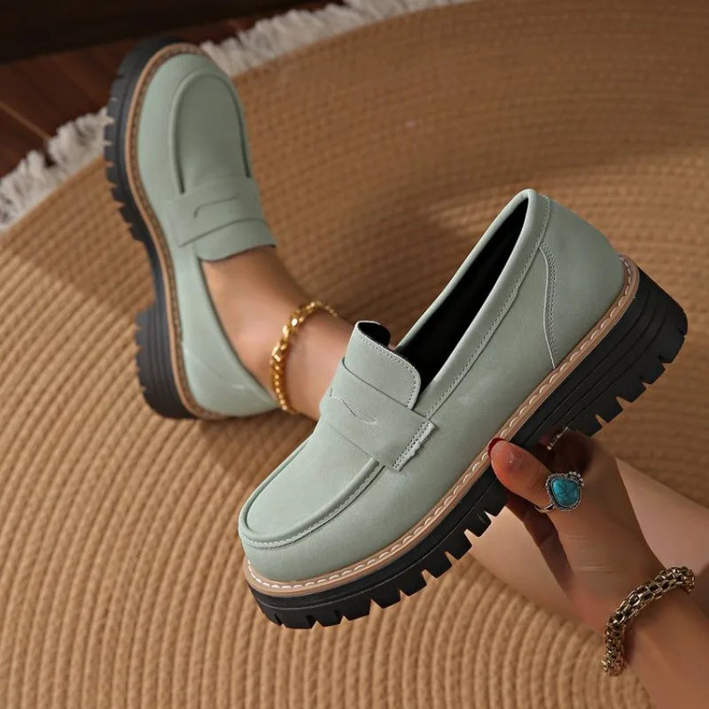 Women Solid Color Platform Loafers Shoes Woman Spring Autumn New British Style Flats Comfortable Thick Heel Slip on Shoes