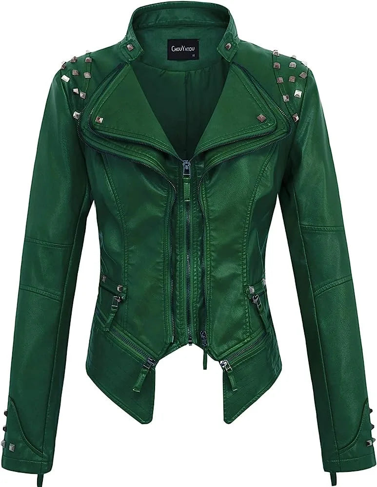 Spring New Style Suit Collar Rivet Waist Short Washed Pu Leather Jacket