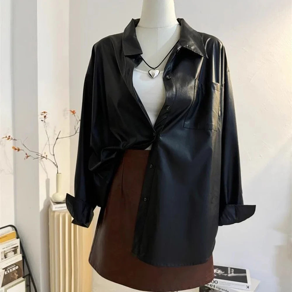 Retro black washed leather shirt jacket for women's 2024 autumn and winter design, loose Hong Kong style casual temperament top