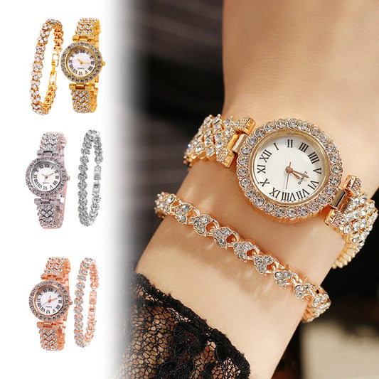Rose Gold Watch Luxury Rhinestone Fashion Women Ladies Quartz 2pcs Elegant Diamond Wristwatch Female Bracelet Set Gift Watches