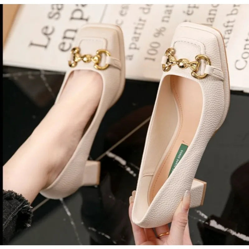 Women's Mid-heel Pumps 2025 Summer French Style Back Empty Female Thick Heel Square Toe Mary Jane Shoes Black Green Talon Femme