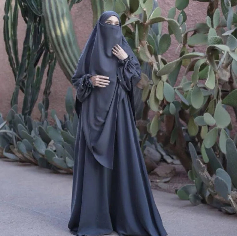 New solid color women's robe pearl sleeve dress, two-piece long headscarf P555
