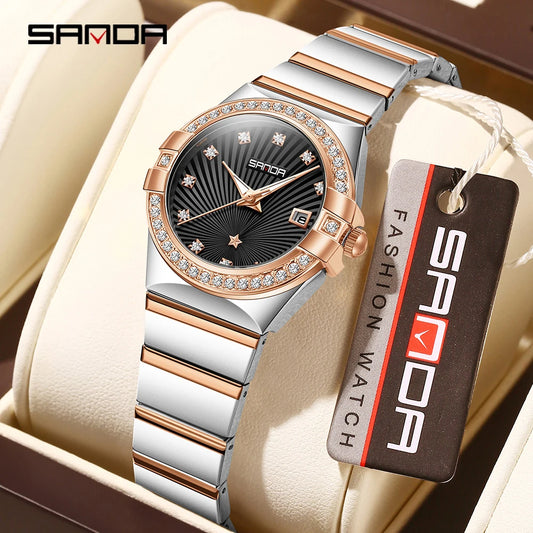 SANDA1147 Luxury Women's Quartz Watch with Mother of Bell Dial and Diamond studded Steel Strip 3ATM Waterproof Fashion Watch -1