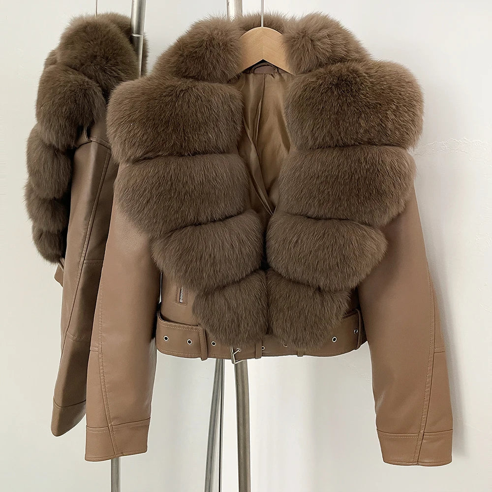 Natural Fox Fur Real Fur Coat Faux PU Leather Jacket Female New Autumn Short Top Clothing Women Long Sleeve Fake Leather Coat