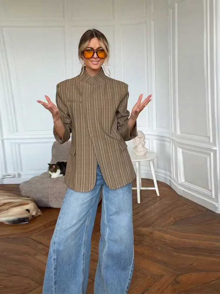 Fashion Women's Blazer Stand Collar Full Sleeve Single Button Female Plaid Blazers 2026 Spring New Chic Casual Commute Lady Coat