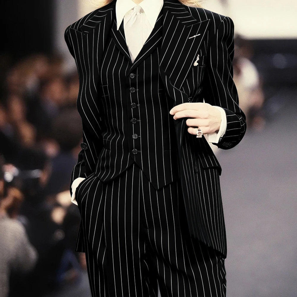 Trending 2025 Brown Striped Women Suit Formal Double-breasted Peaked Lapel 3Pieces (Jacket+Pants+Vest) Business Office Lady Set