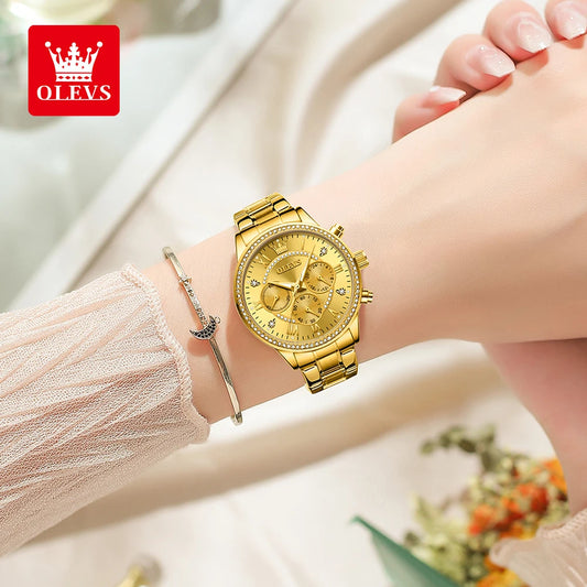 OLEVS Women's Watches Top Brand Luxury Original Quartz Watch for Ladies Chronograph Waterproof Luminous Rhinestone Dial 24 Hour