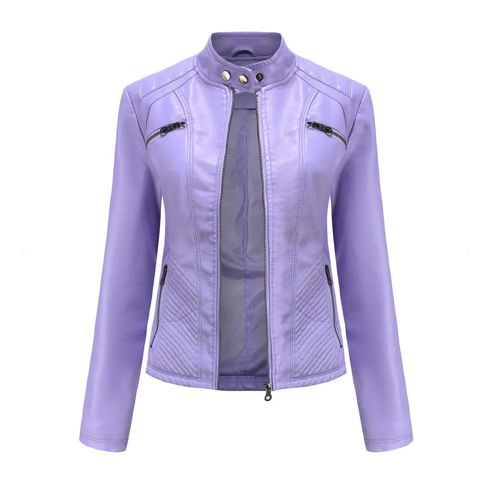 Spring New Casual Women Leather Jacket Stand Collar Slim Fit Short PU Leather Coat Solid Classic Female Outerwear