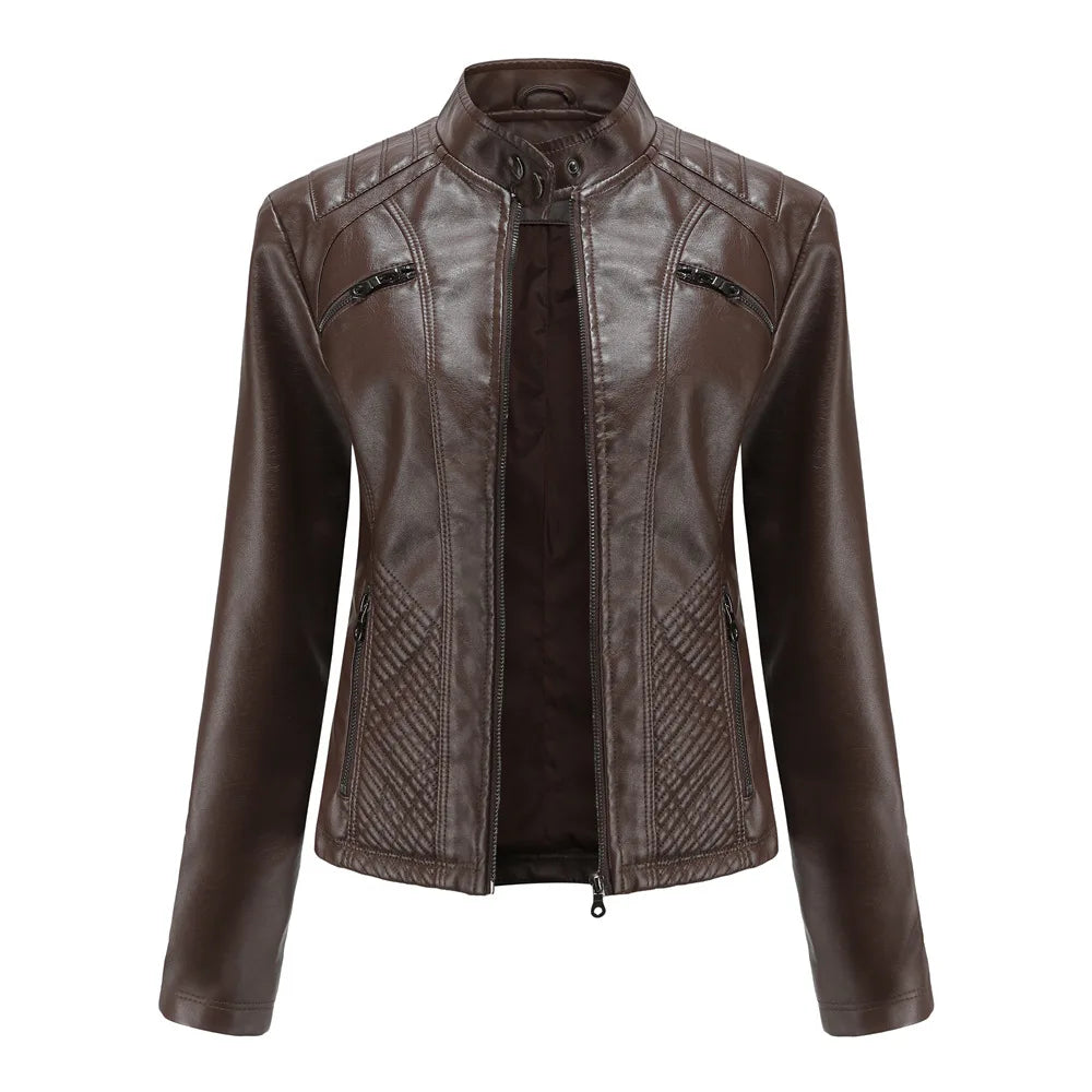 Spring New Casual Women Leather Jacket Stand Collar Slim Fit Short PU Leather Coat Solid Classic Female Outerwear