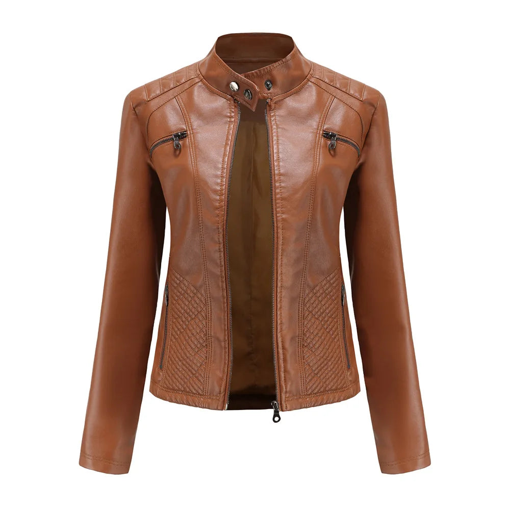 Spring New Casual Women Leather Jacket Stand Collar Slim Fit Short PU Leather Coat Solid Classic Female Outerwear