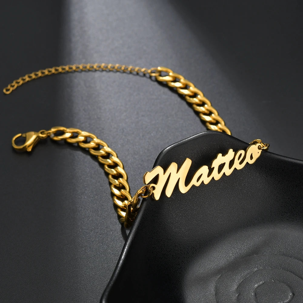 Raexrage Custom Cuban Link Chain Name Bracelet Stainless Steel Hip Hop Personalized Letters Handmade Bracelets for Women Men