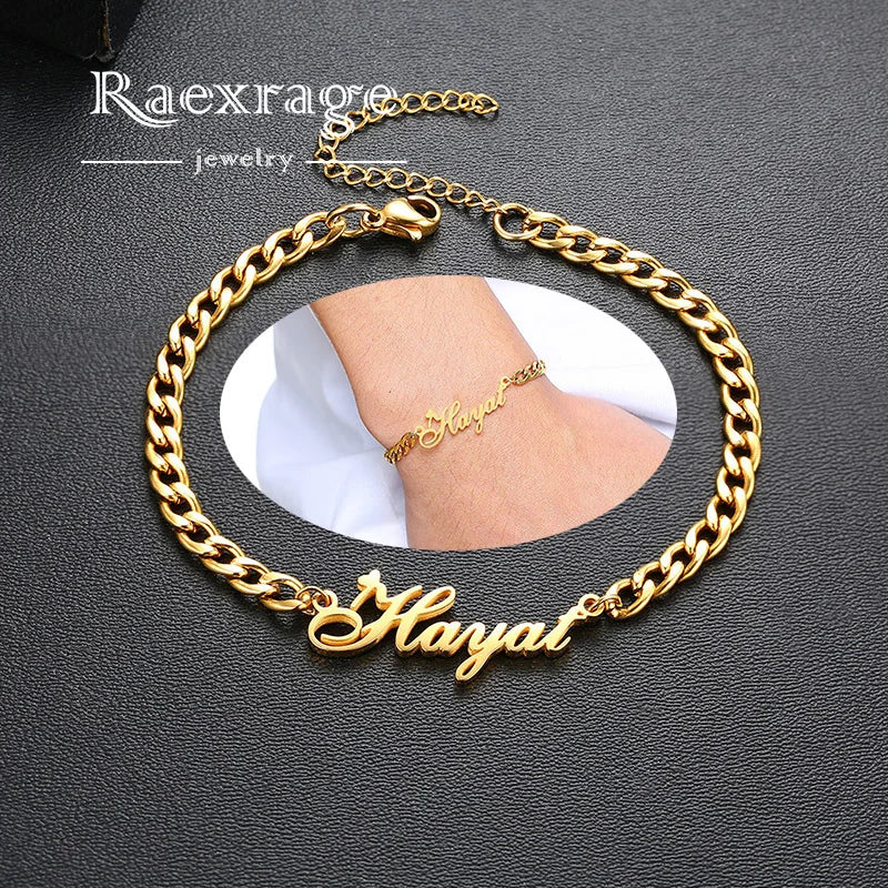Raexrage Custom Cuban Link Chain Name Bracelet Stainless Steel Hip Hop Personalized Letters Handmade Bracelets for Women Men