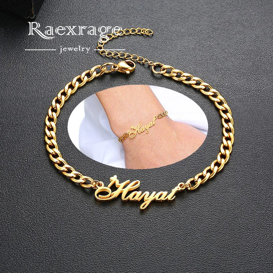 Raexrage Custom Cuban Link Chain Name Bracelet Stainless Steel Hip Hop Personalized Letters Handmade Bracelets for Women Men
