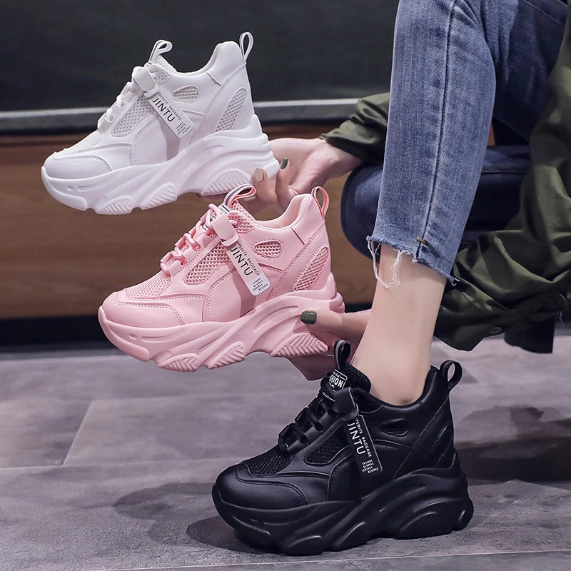 Brand 2025 Spring Breathable Mesh Sneakers Hidden Increasing Sport Shoes Woman Wedge Casual Chunky Shoes High Platform Shoes 9CM