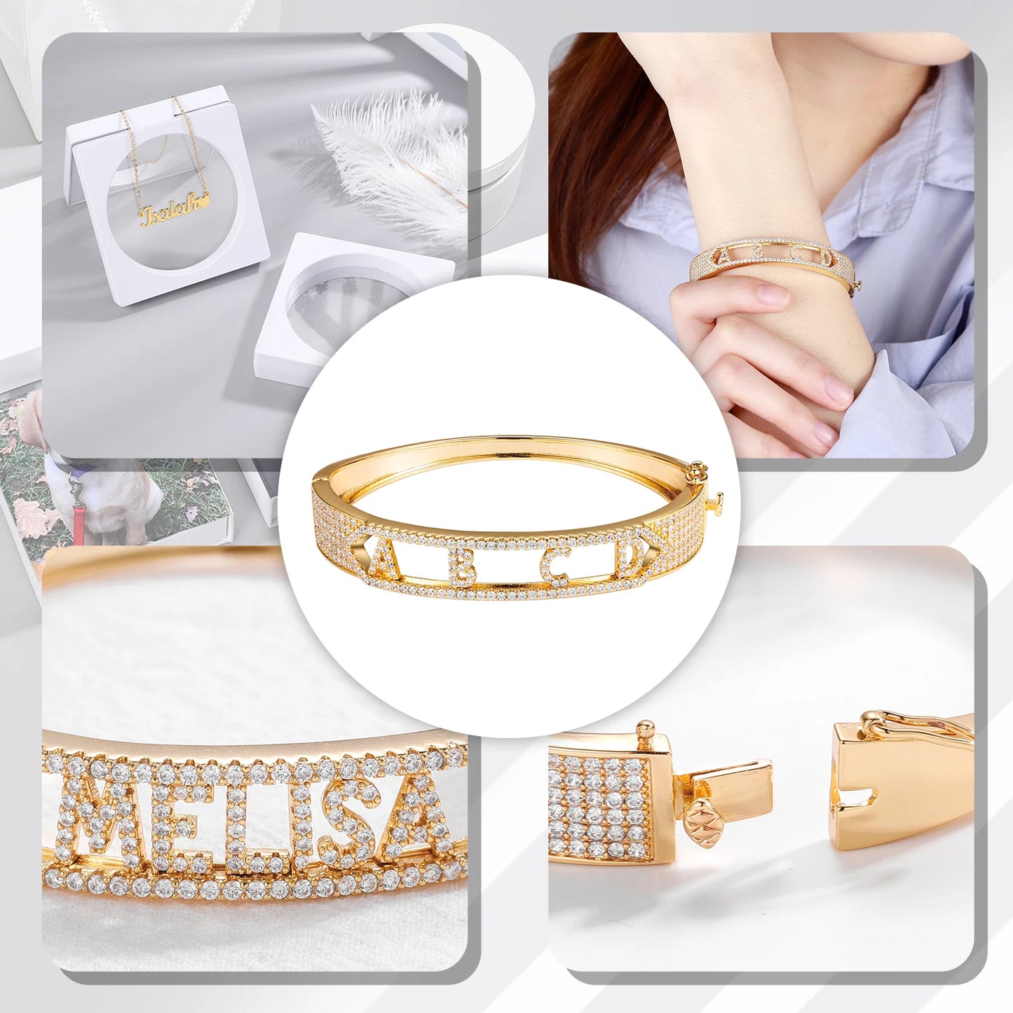 Personalized Gold Name Bracelet Zirconia Gemstone Initial letter Bangle Customized Crystal Cuff Name Bracelet Jewelry For Women