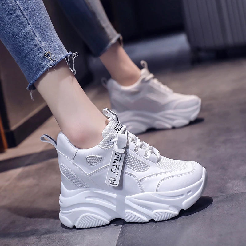 Brand 2025 Spring Breathable Mesh Sneakers Hidden Increasing Sport Shoes Woman Wedge Casual Chunky Shoes High Platform Shoes 9CM