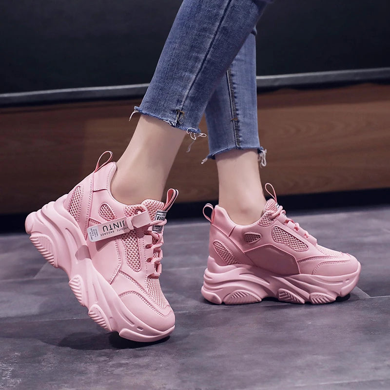Brand 2025 Spring Breathable Mesh Sneakers Hidden Increasing Sport Shoes Woman Wedge Casual Chunky Shoes High Platform Shoes 9CM