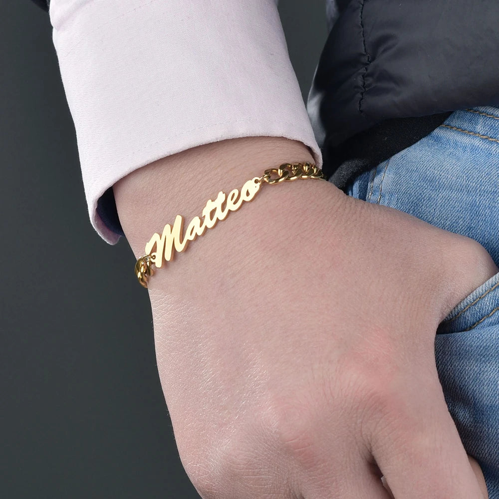 Raexrage Custom Cuban Link Chain Name Bracelet Stainless Steel Hip Hop Personalized Letters Handmade Bracelets for Women Men