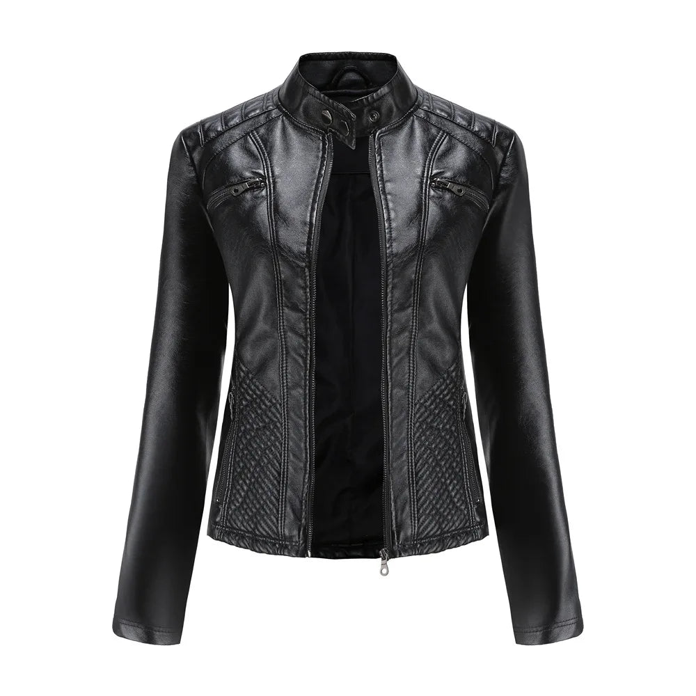Spring New Casual Women Leather Jacket Stand Collar Slim Fit Short PU Leather Coat Solid Classic Female Outerwear