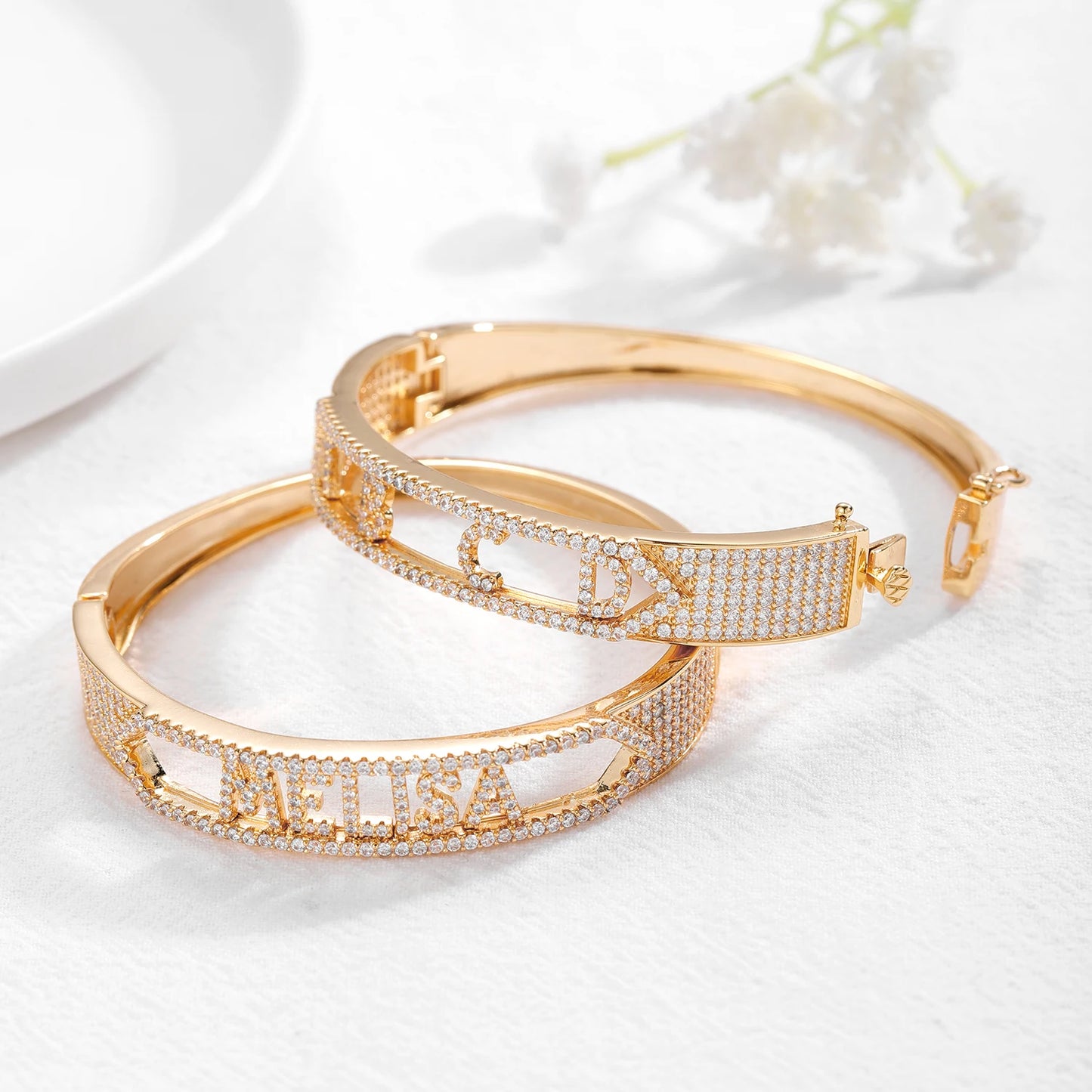Personalized Gold Name Bracelet Zirconia Gemstone Initial letter Bangle Customized Crystal Cuff Name Bracelet Jewelry For Women