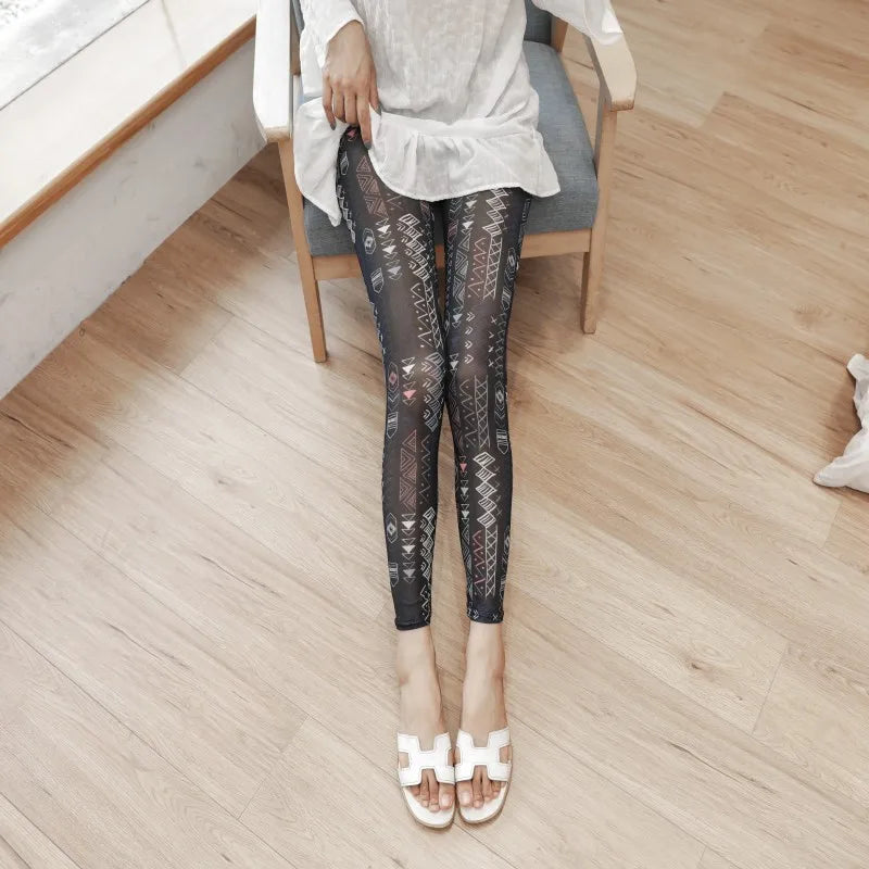 Summer thin mesh Leggings big stretch sexy transparent women's pants cool breathable silk slip trousers