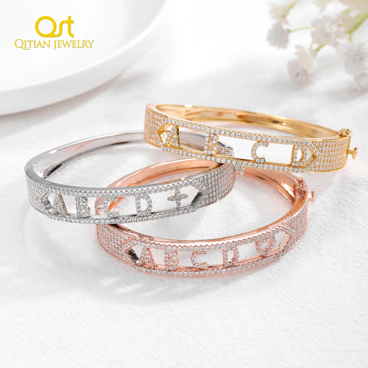 Personalized Gold Name Bracelet Zirconia Gemstone Initial letter Bangle Customized Crystal Cuff Name Bracelet Jewelry For Women