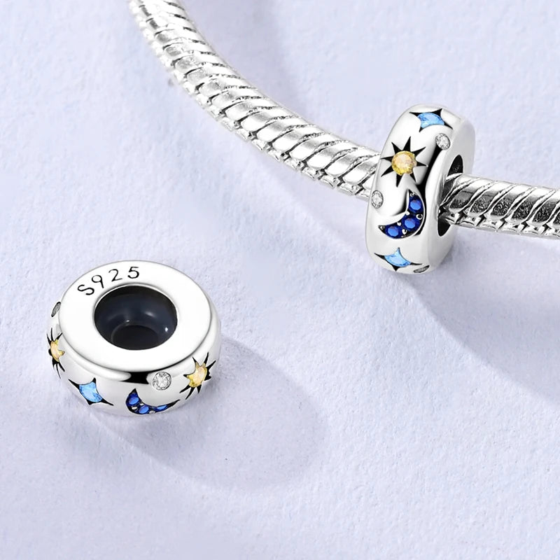 925 Sterling Silver Charm Pendant Star Moon Sun Starry Sky Beaded Charm Fit Original Bracelet DIY Fine Jewelry Making For Women