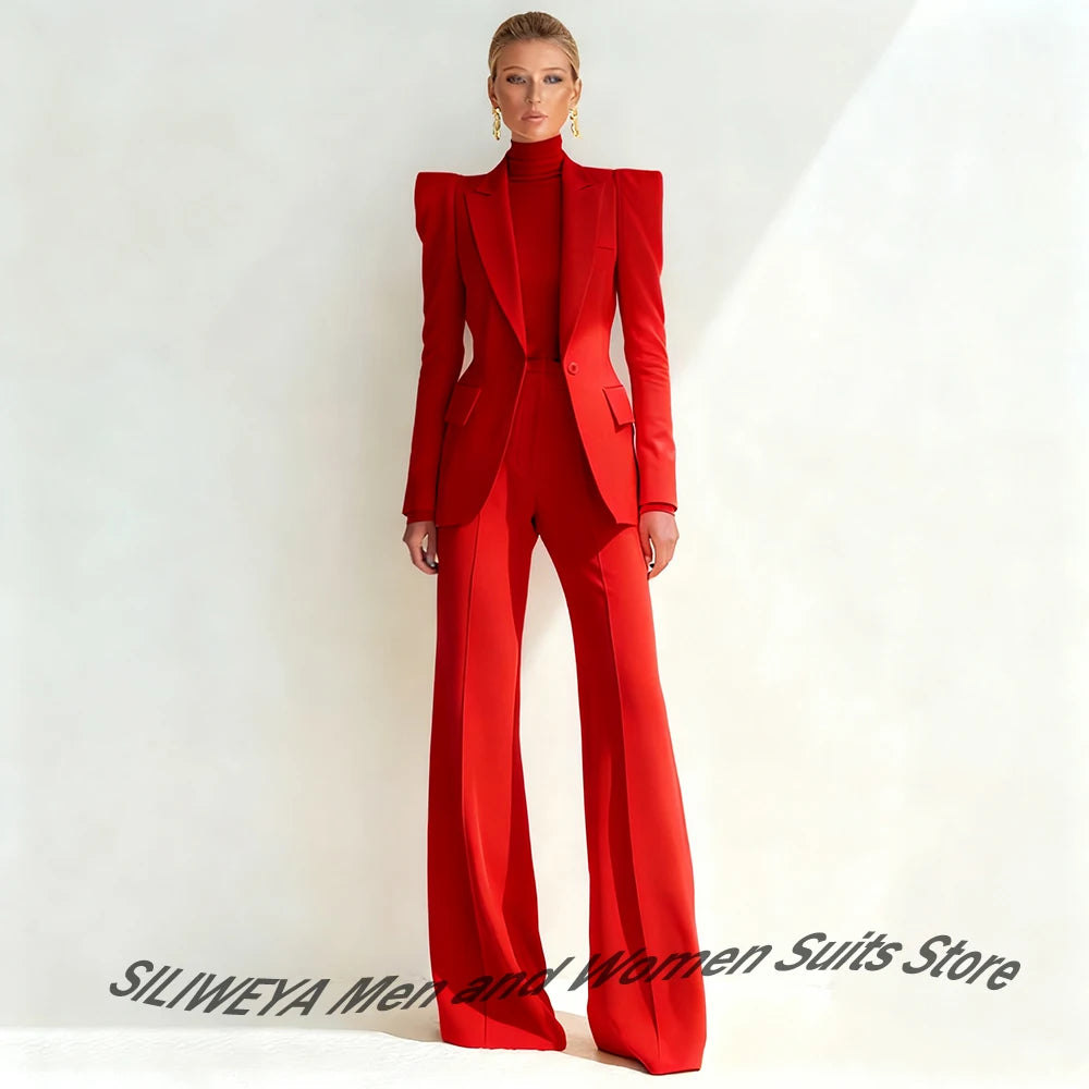 Professional Women's Red Suit Peaked Lapel Single Button Female Elegant Blazer and Flared Pants 2Piece Set Formal Office Wear