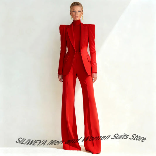 Professional Women's Red Suit Peaked Lapel Single Button Female Elegant Blazer and Flared Pants 2Piece Set Formal Office Wear