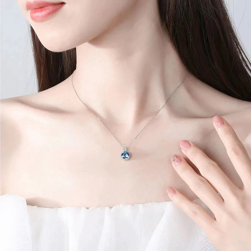 New 925 Sterling Silver Blue Round Necklace Simple Charm Geometric Shape Choker Birthday Gift Women's Fine Jewelry