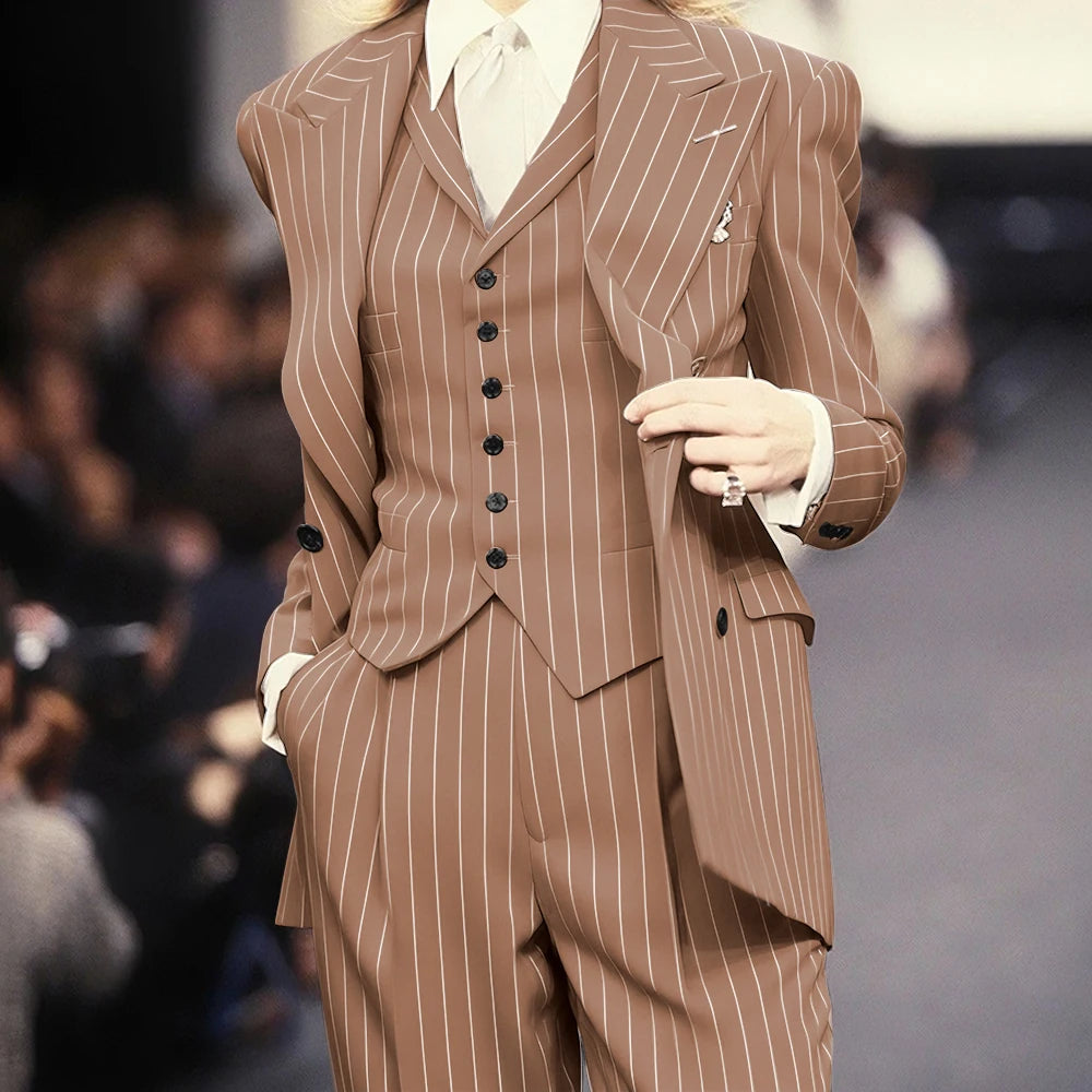 Trending 2025 Brown Striped Women Suit Formal Double-breasted Peaked Lapel 3Pieces (Jacket+Pants+Vest) Business Office Lady Set