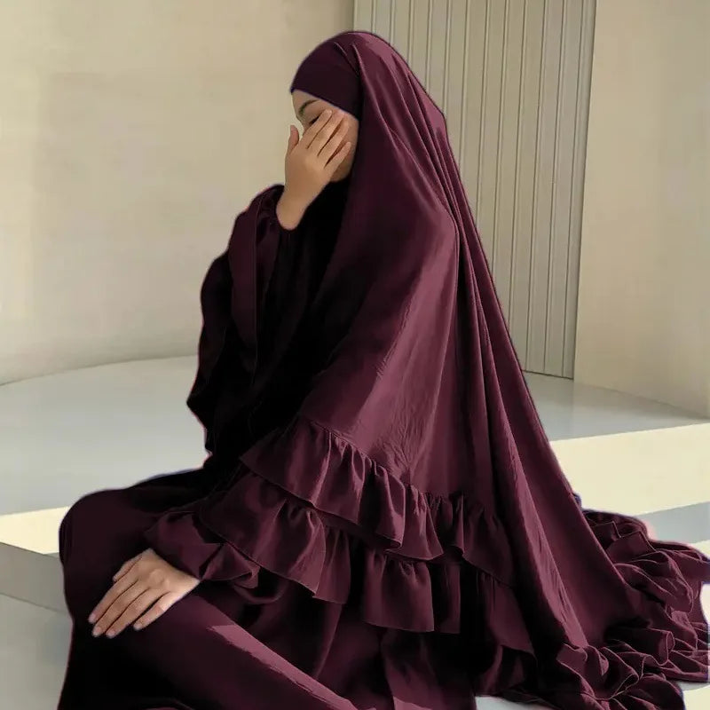 Eid Women Prayer Garment Dress 2 Piece Set Long Khimar Muslim Abaya Dubai Party Dresses Kaftan Robe Longue Vestidos Largos