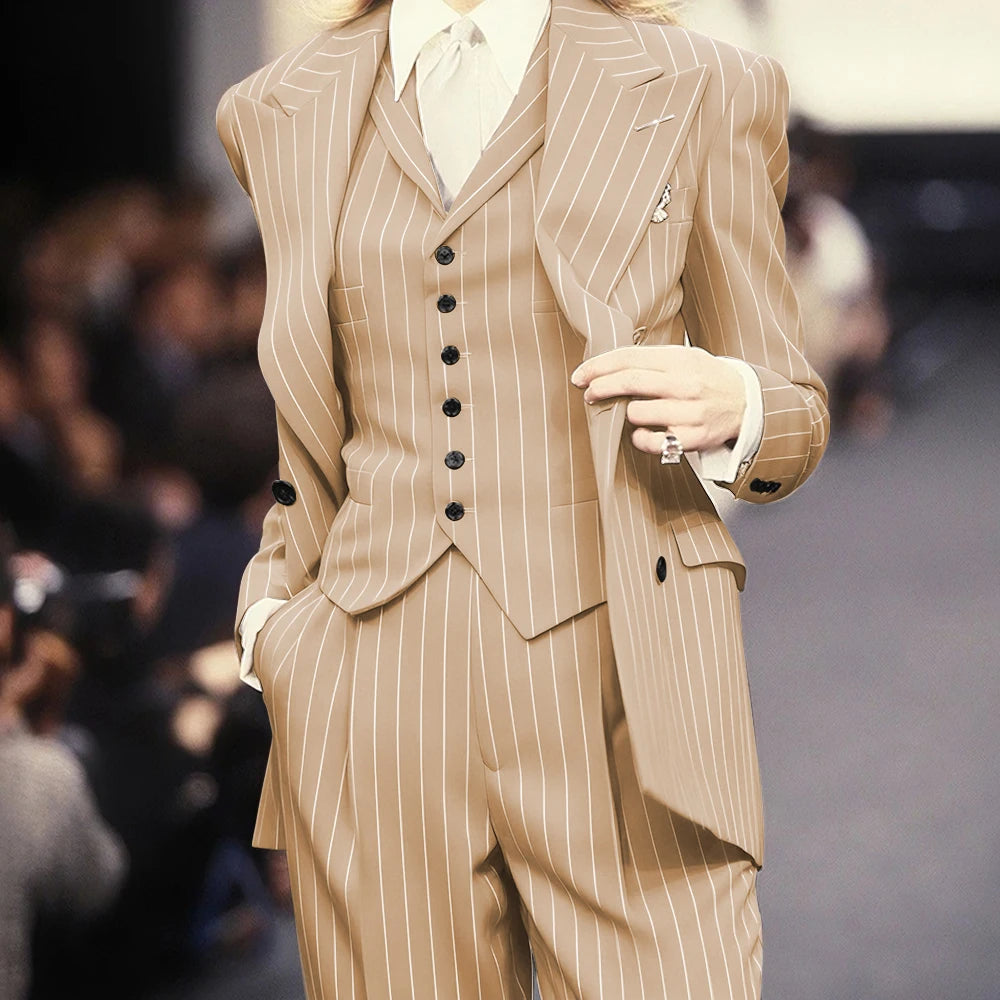 Trending 2025 Brown Striped Women Suit Formal Double-breasted Peaked Lapel 3Pieces (Jacket+Pants+Vest) Business Office Lady Set
