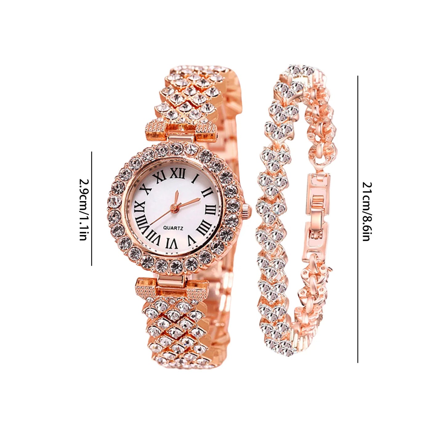 Rose Gold Watch Luxury Rhinestone Fashion Women Ladies Quartz 2pcs Elegant Diamond Wristwatch Female Bracelet Set Gift Watches