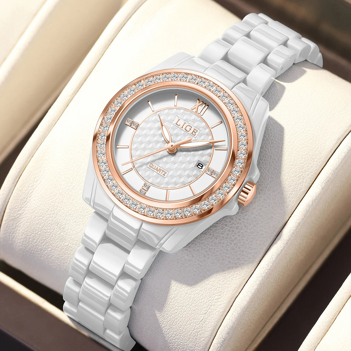 LIGE Luxury Woman Watch Waterproof Fashion Quartz Ladies Wristwatch Date Week Full Ceramic Women's Watches Relojs+GIFT Box