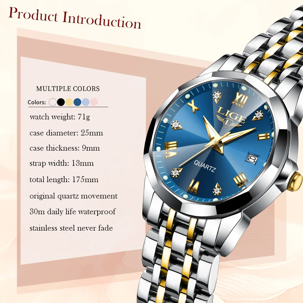 LIGE 2026 Women's Watch Luxury Gift quartz wristwatch Waterproof Calendar Stainless Steel Ladies Luminous Clock montre femme+BOX
