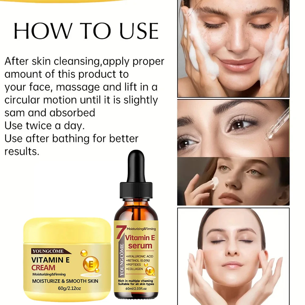 YOUNGCOME Vitamin E Cream & Serum Set - Anti-Aging Moisturizing Hydrating Face Care for All Skin Types 30/60ml