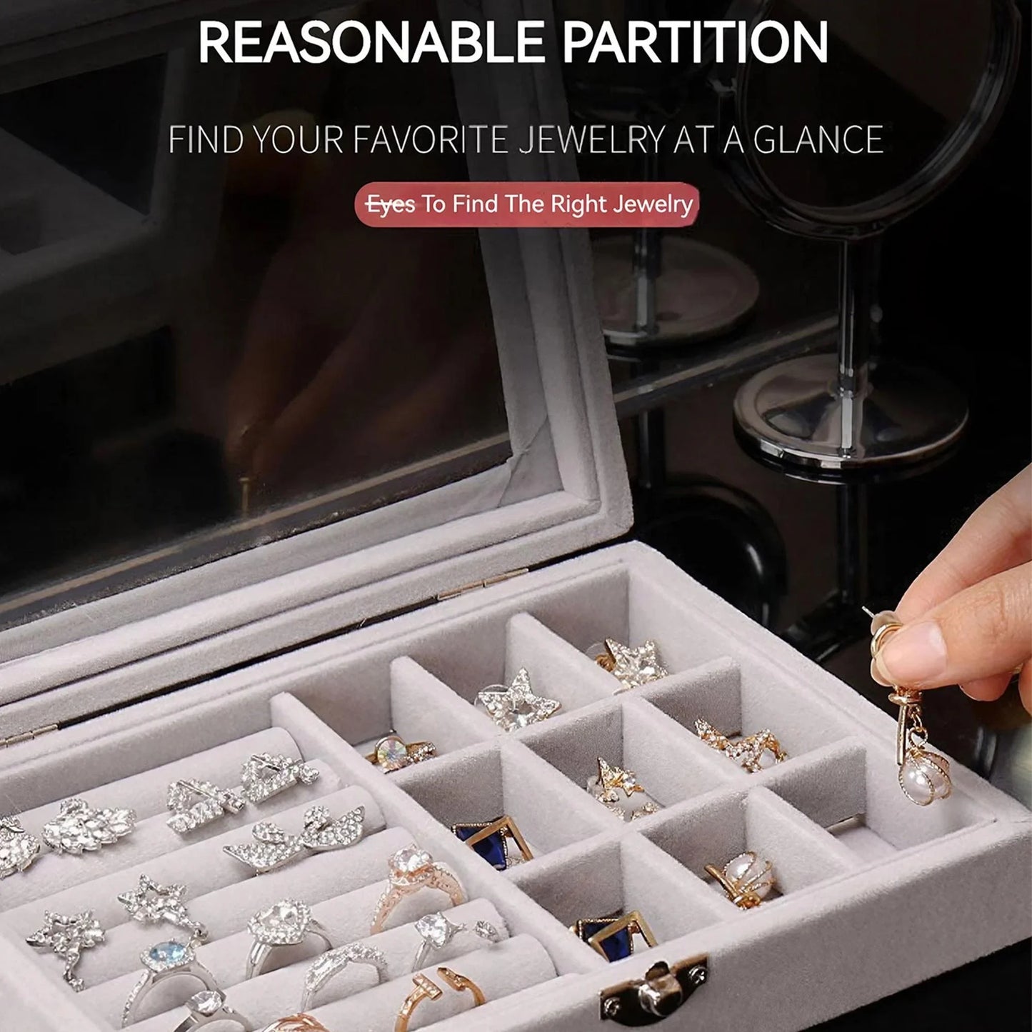 Velvet Jewelry Organizer Box with Clear Lid Dust-Proof Storage Tray for Rings Earrings Multi-Piece Display Holder